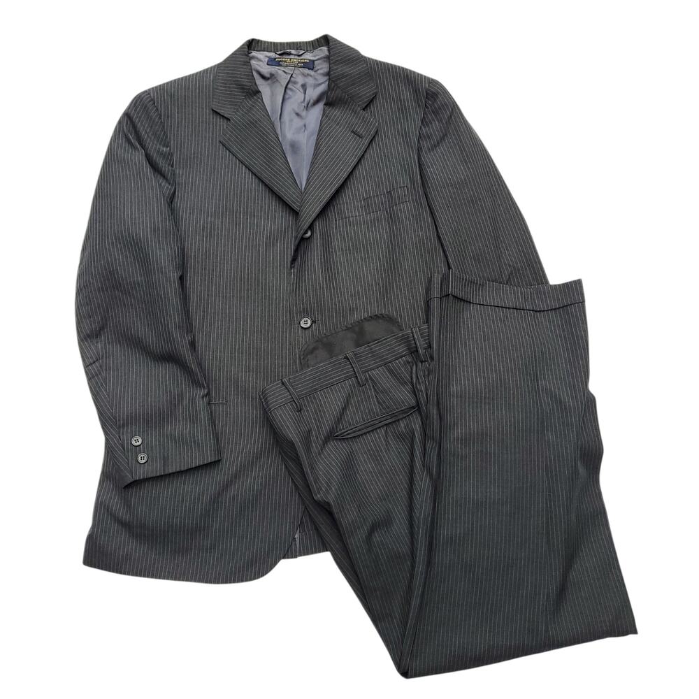 VTG Brooks Brothers 2pc Suit Wool Poly Gray Pinstripe Jacket 41ML Pants 37x27